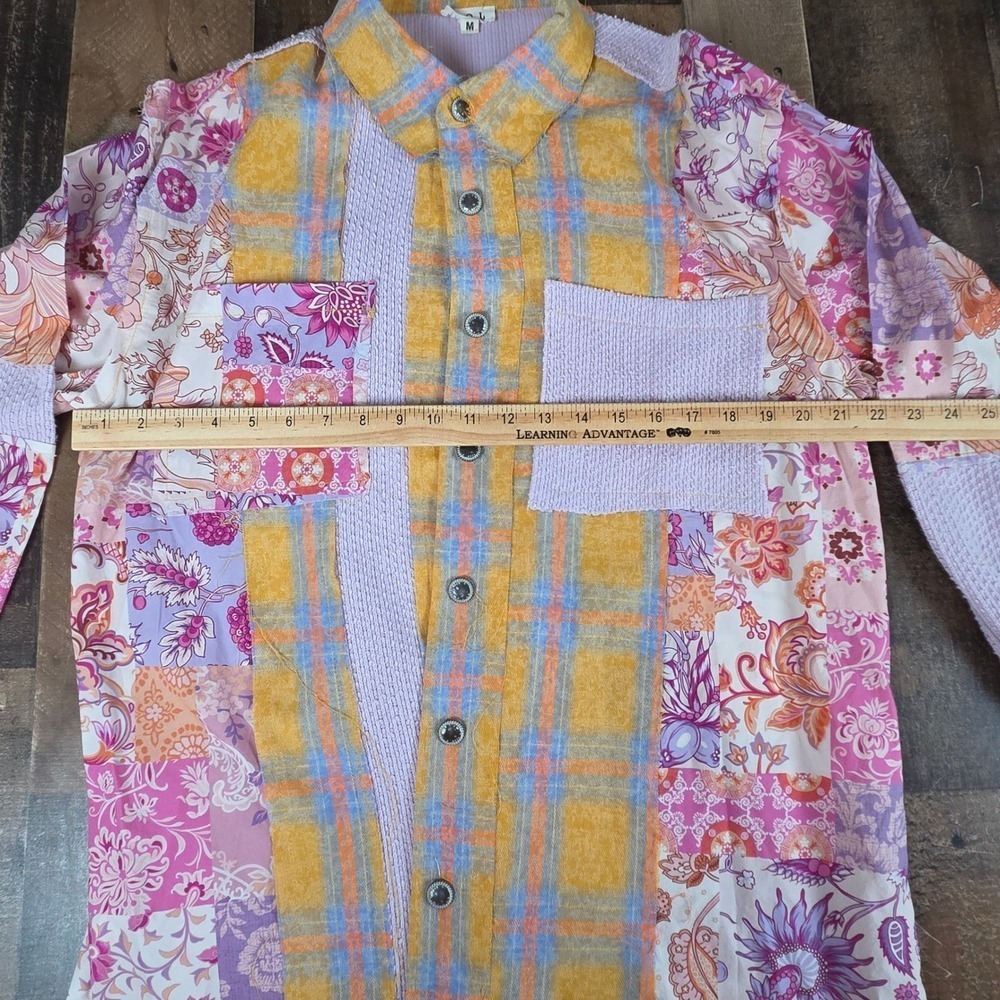 Anthropologie POL Women Medium Patchwork Plaid Floral Button Shirt Boho Festival - Picture 10 of 11